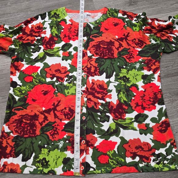 Isaac Mizrahi Live! Red & Green Floral Print Crew Neck Button Front Cardigan - Picture 5 of 6
